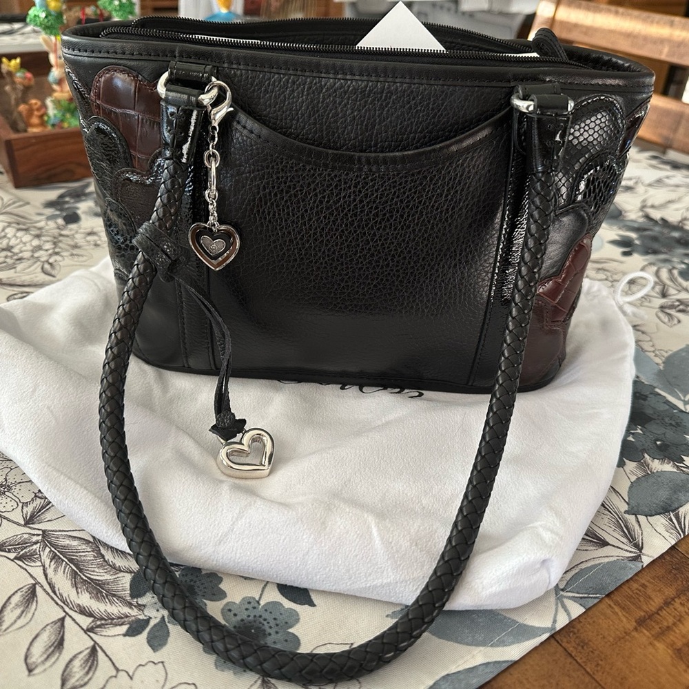 Vintage Brighton Fresca Black and Chocolate Sturdy Leather 3D HEARTS Handbag!